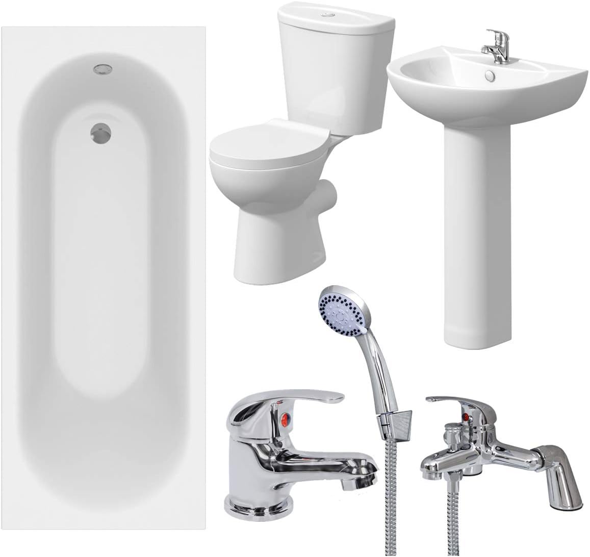 Bathroom Suite 1600mm White Straight Bath Toilet WC Basin Sink Tap Shower Mixer.