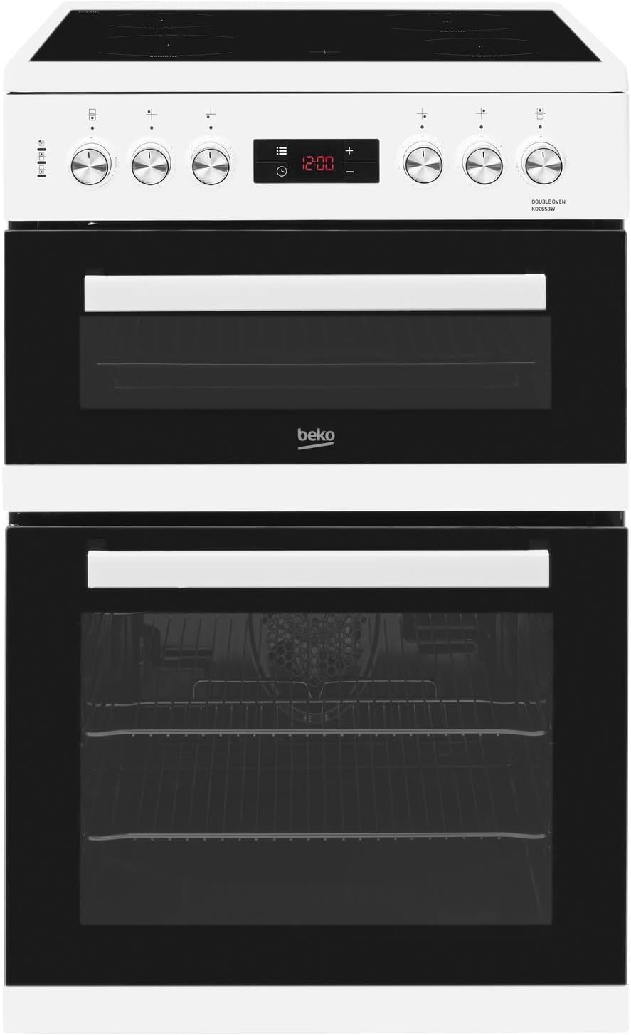 Beko KDC653W 60cm Double Oven 4 Burners Ceramic Cooker in White with Fully Programmable Timer.