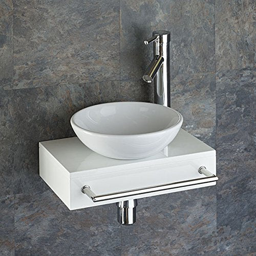 Toulon 40cm x 25cm Round Wall Mounted Basin with Wooden Mount + Tap.