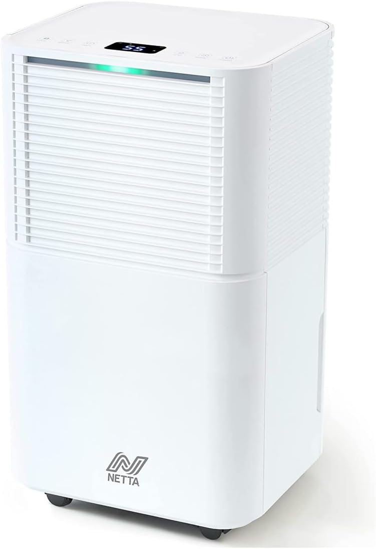 NETTA 12L/Day Low Energy Dehumidifier - Digital Control Panel, Air Filter, Continuous Drainage, Auto Restart, Timer, 2L Water Tank, Child Lock - Damp Mould Control, Laundry Cloth Drying.