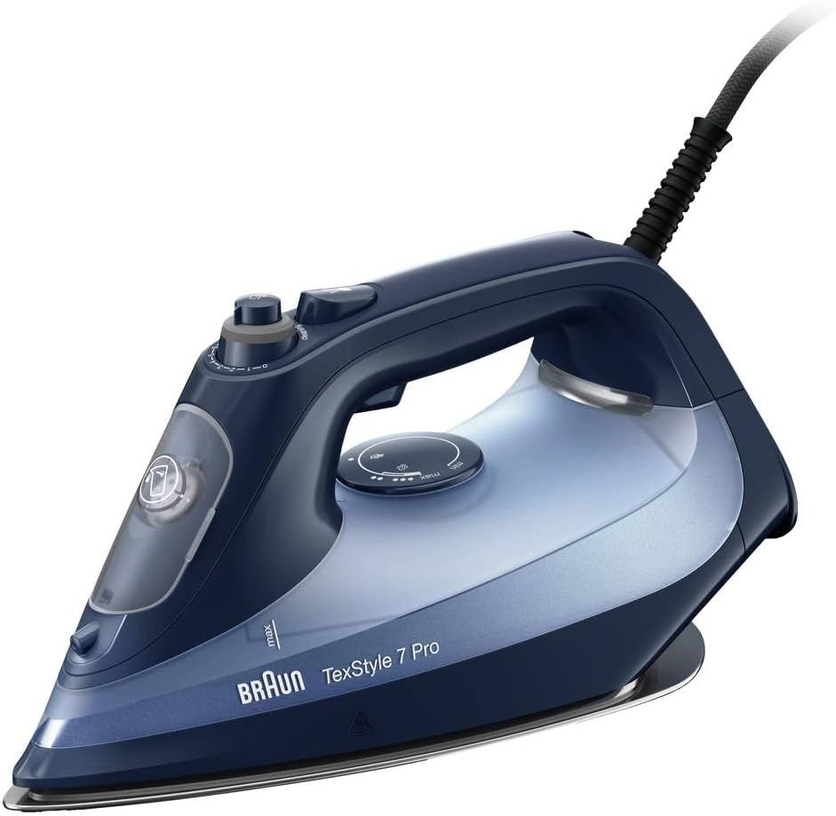 Braun TexStyle 7 Pro SI7160BL, Steam Iron with FreeGlide 3D Technology, EloxalPlus Sole with Precision Tip, Vertical Steam Iron, 300ml Water Capacity, 3100W, Blue.