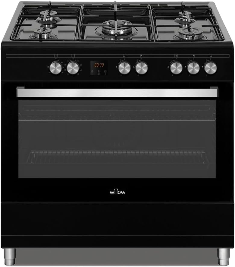 Willow WS90DFBL 95L Capacity Dual Fuel, Freestanding Range Cooker with 5 Gas Burners, Wok Burner, 2 Year Warranty – Black.