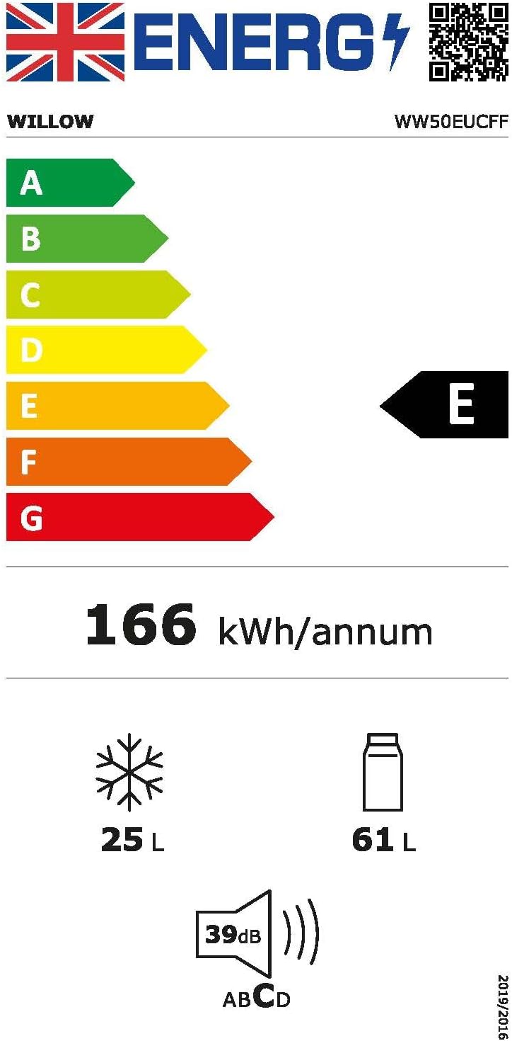 Willow WW50UCFF 86L Under Counter Fridge Freezer with 4* Freezer Rating, Adjustable Thermostat, Low Noise Level, 2 Years Warranty - White.