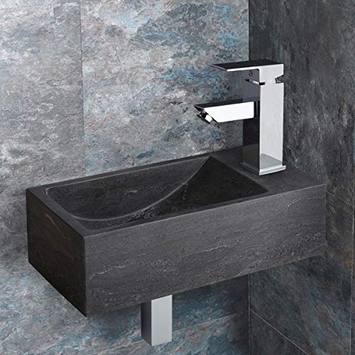 Black Stone Wall Hung or Counter Mounted Cloakroom Basin Valletri. Narrow Bathroom Sink 400mm by 220mm.