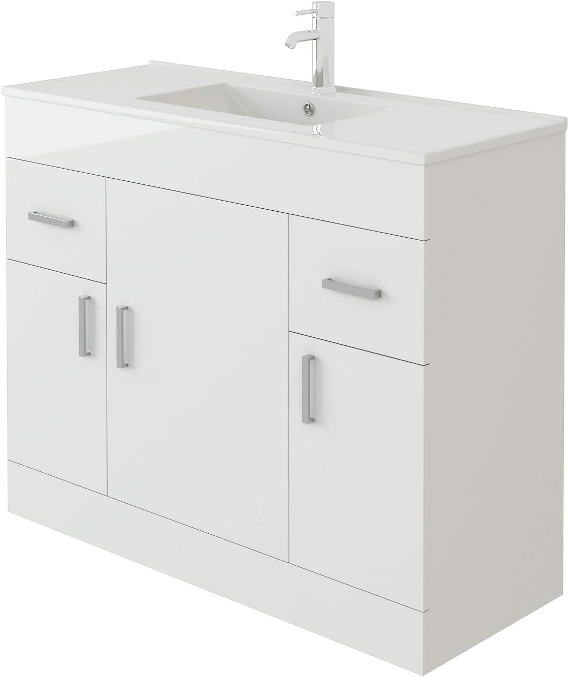 VeeBath Sphinx Free Standing Basin Vanity Cabinet Unit with 2 Swing Doors & Rectangular Sink-600mm, High Gloss White Flatpack - 600mm.