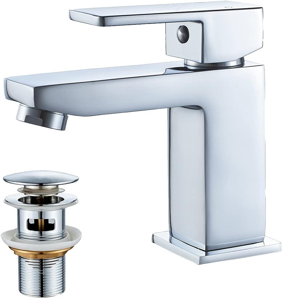 Luckyhome Basin Mixer Tap with Pop up Waste,Washroom Square Single Lever Chrome Brass Mixer Tap.