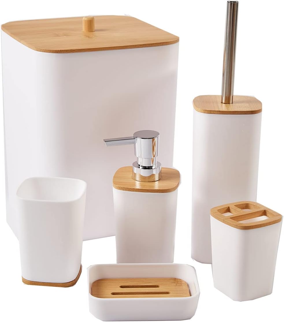 JETAINE 6 Pieces Bamboo Bathroom Accessories set, Luxury Modern Bathroom Accessory Bath Set, White Toilet Accessories w/Trash Can, Toothbrush Holder Cup, Soap Dish Holder, Soap Dispenser Gift.