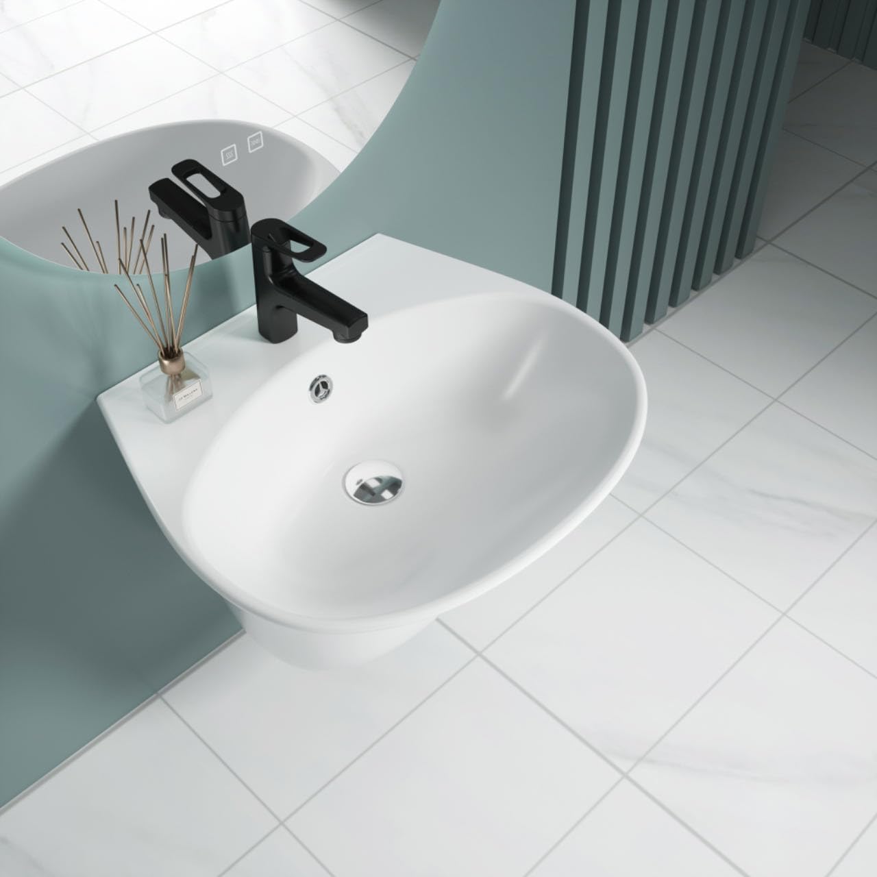 Durovin Bathrooms Ceramic Basin Wall Hung Bathroom Sink - Single Tap Hole with Overflow.