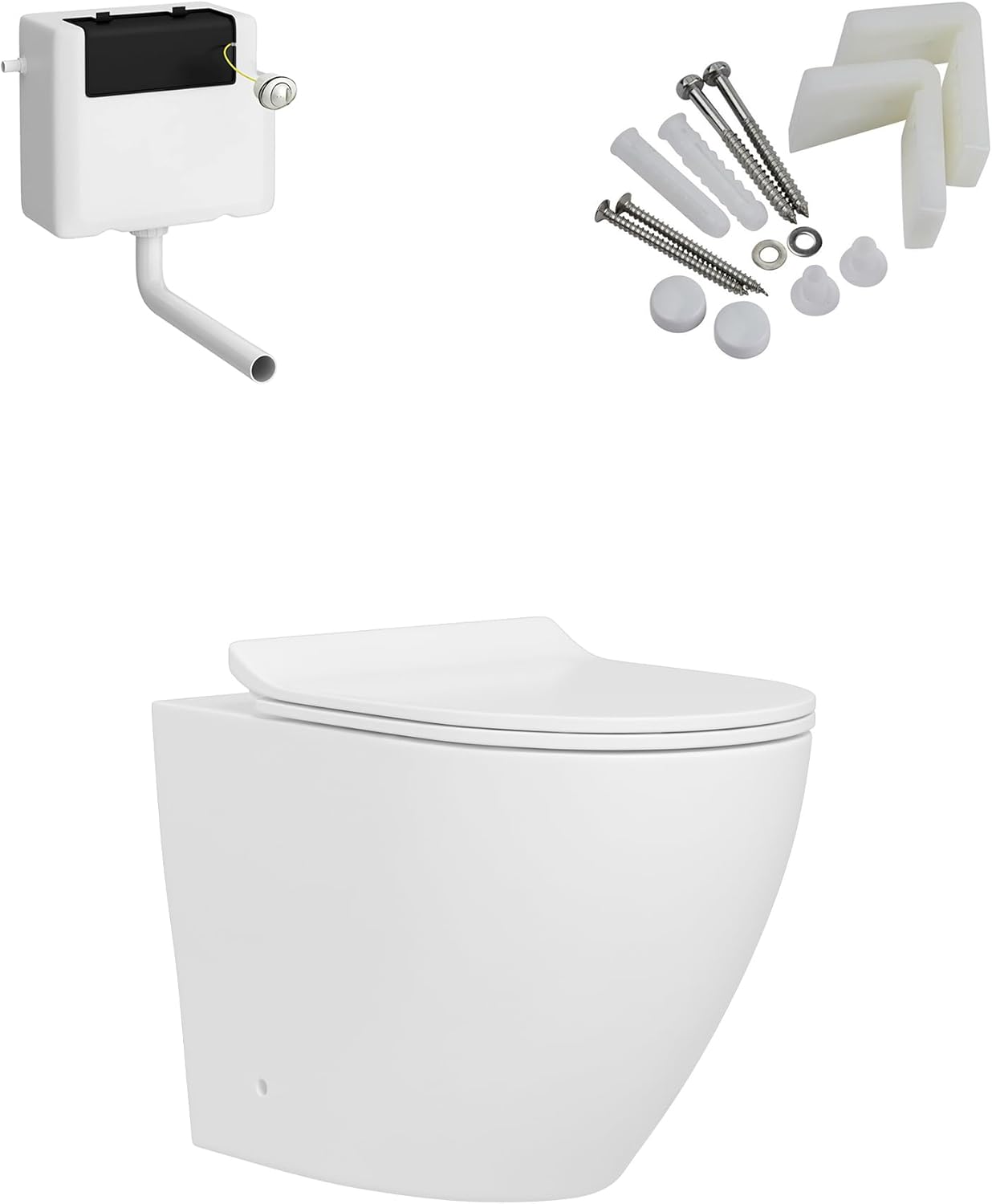 Modern Rimless Back to Wall BTW Pan with Slim Soft Close Seat + Cistern.