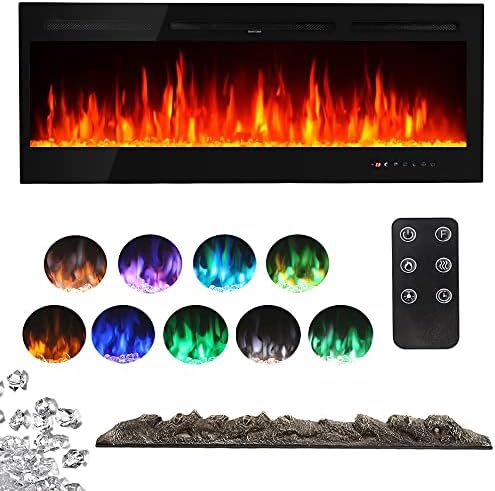 INMOZATA Wall Mounted Electric Fireplace 80inch Insert Recessed Large Media Wall Electric Fire Crystals Log Effect Flame Fire 9 LED Color with Remote Control.