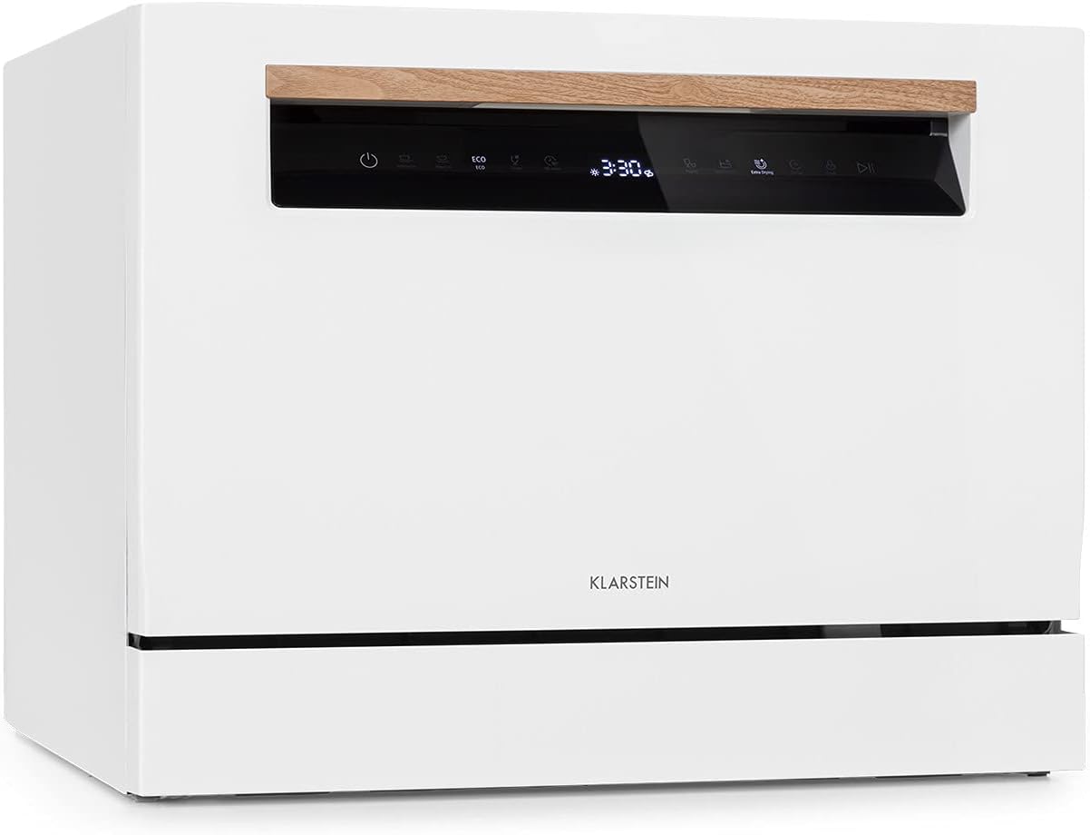 Klarstein Lagoona Mini Dishwasher: Free-Standing, EEC F, 1380 Watts, 6 Standard Place Settings, Water Consumption: 6.5 Litres, 7 Programmes Plus Extra Drying, 49 dB, Touch Control Panel, White.