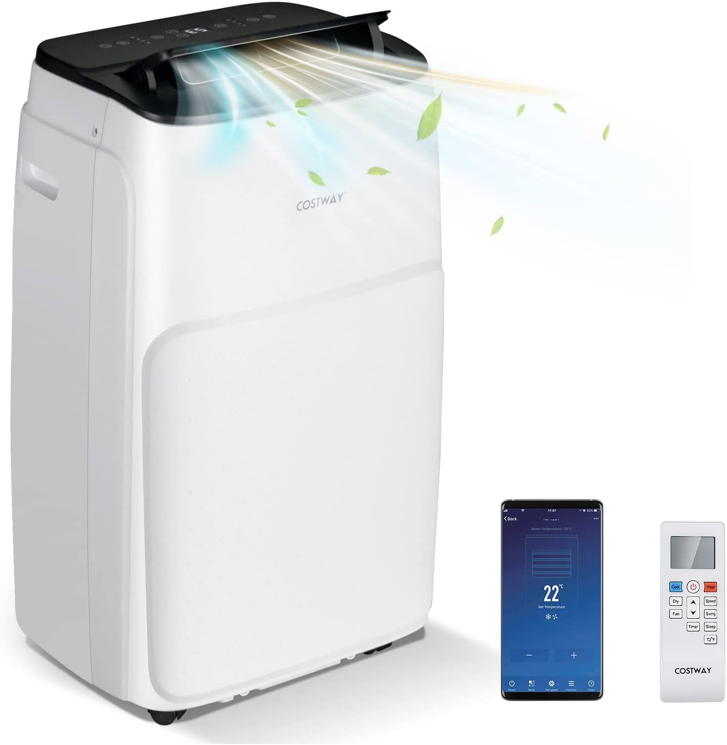 COSTWAY 5 in 1 Portable Air Conditioner, 12000 BTU Mobile Heater, Cooler, Dehumidifier, Fan with WiFi Smart APP, Sleep Mode, LED Display, Remote Control, 3 Speeds, 24H Timer & Auto Defrost.