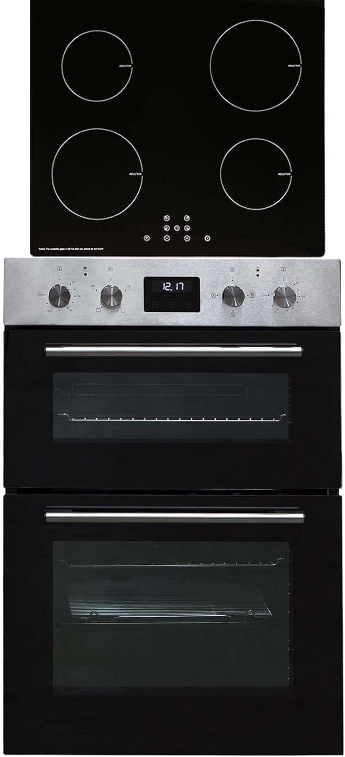 SIA 60cm DO112SS Stainless Steel Built-in Double True Fan Oven & SIA INDH60BL Black 4 Zone Touch Control Induction Hob.