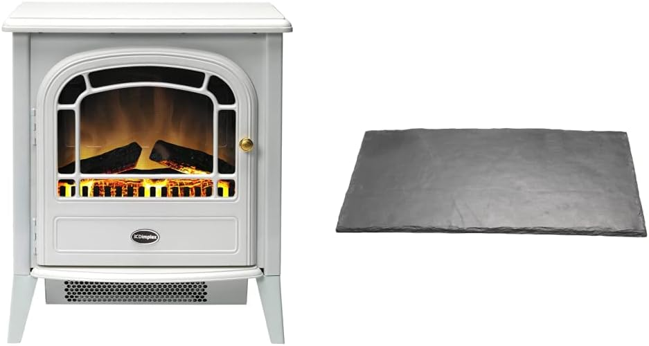 Dimplex Courchevel Optiflame Electric Stove, White Cast Iron Effect Free Standing Electric Fire with Artificial Logs and Embers, LED Flame Effect, 2kW Adjustable Fan Heater and Remote Control.