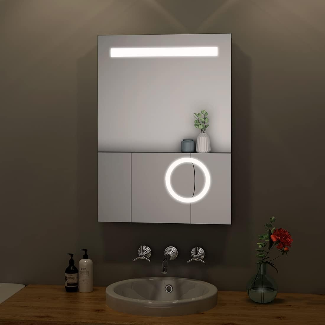 S'AFIELINA Bathroom Mirror with LED Lights 500 * 700 MM, Illuminated Backlit Wall Mounted Bathroom Mirrors with Shaver Socket and Demister Pad, 3X Magnifier, Vertical.