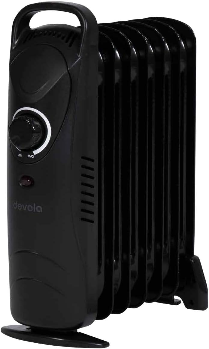 Devola 600W 7 Fin Mini Oil Filled Radiator, Free Standing Low Energy Electric Heater with Thermal Fuse for Overheat Cut Off, IP20, Power Indicator Light, Adjustable Heating Dial - DVMOR7F06B (Black).