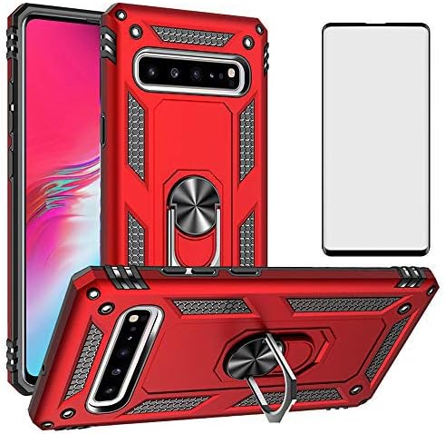 Phone Case for Samsung Galaxy S10 5G with Tempered Glass Screen Protector Cover and Stand Ring Magnetic Rugged Metal Silicone Rubber Holder Hard Shockproof Heavy Duty Accessories S105G 10S G5 Black