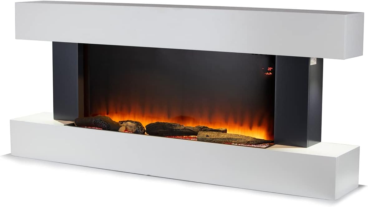 Warmlite WL45033N Hingham Wall Mounted Fireplace with Two Heat Settings and Adjustable Flame Brightness, 2000W, White.