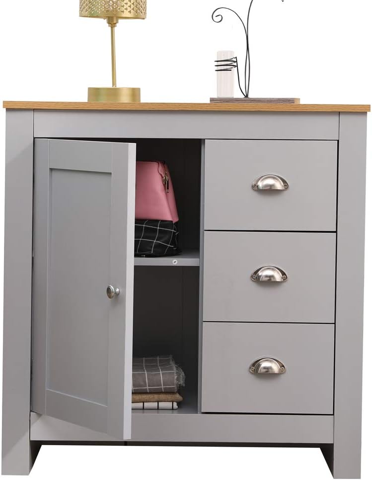 CFDZ CF Furniture Multi Storage Unit Free Standing Cabinet 1 Door&3 Drawer Sideboard Cupboard- Grey+Oak,79x35x81cm.