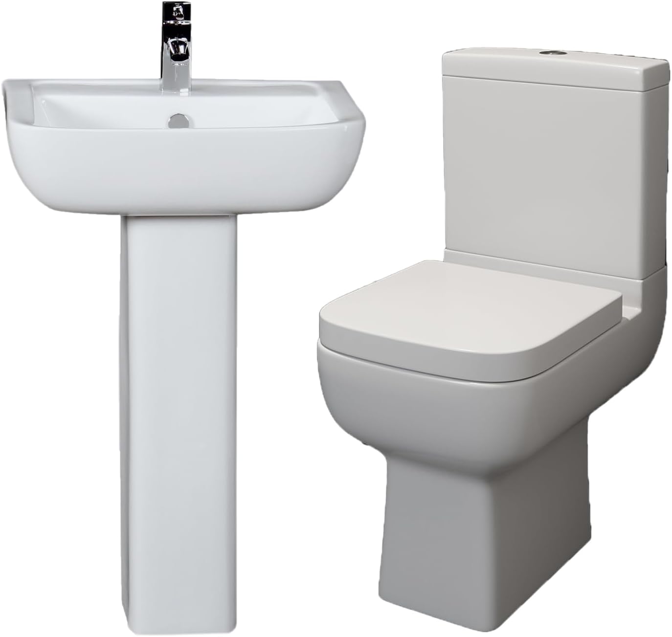 BAYSTONE White Pedestal Bathroom Basin Sink and Close Coupled Toilet Bathroom Suite Cloakroom Set.