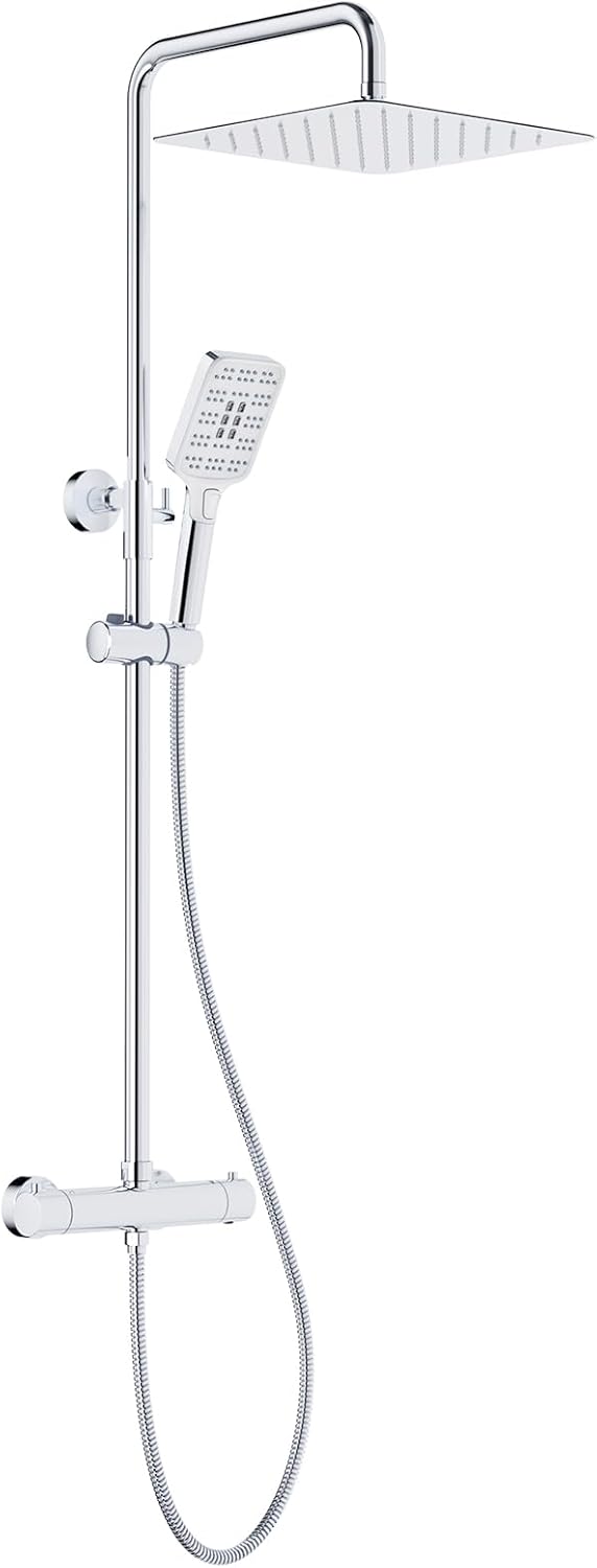 Rainsworth Thermostatic Shower Mixer Set Chrome, 25cm Round Overhead Rainfall Shower, 3 Jet Types Handheld Shower, Height Adjustable Shower Set, Shower System.