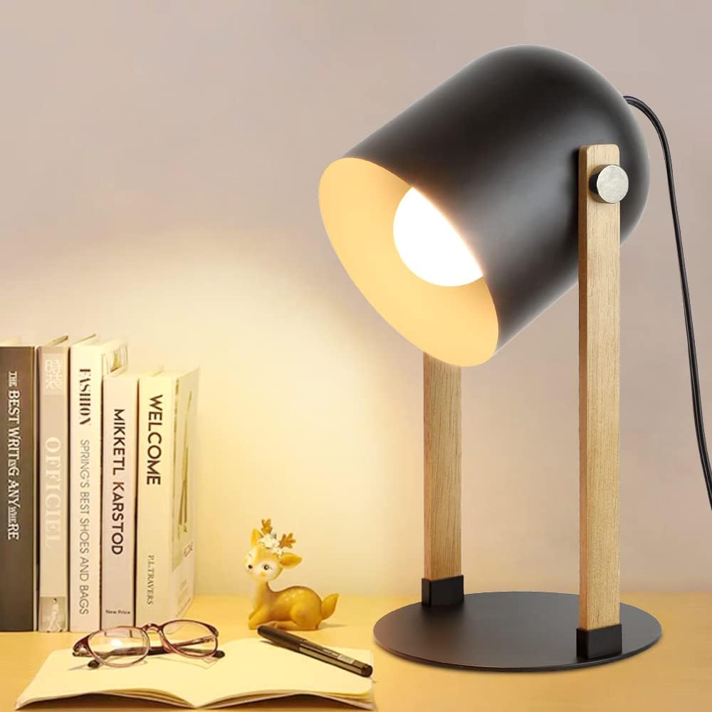 Depuley Flexible Table Lamp with E27 Socket, Retro Desk Lamp with Cable Switch, 360° Rotatable, Made of Wood and Metal, Eye-Caring Bedside Lamp,Reading Lamp for Bedroom,Office,Work,Study.