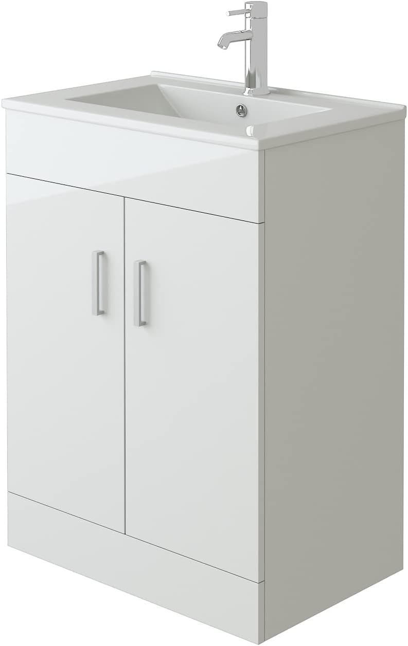 VeeBath Sphinx Free Standing Basin Vanity Cabinet Unit with 2 Swing Doors & Rectangular Sink-600mm, High Gloss White Flatpack - 600mm.