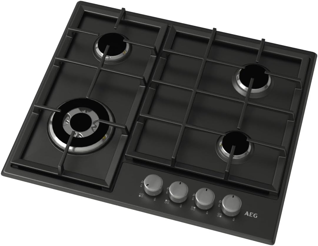 AEG HGX64200SB Slim Line Gas Hob, Series 3000, 4 Burners, 60cm, Cast Iron.