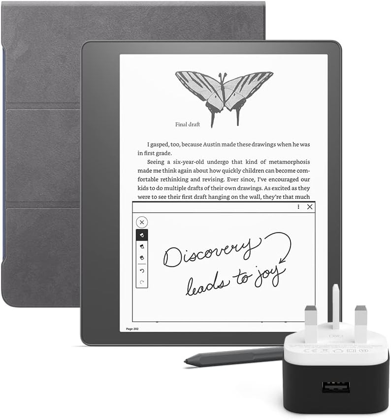 Kindle Scribe (2022 release) Essentials Bundle including Kindle - 64GB, Premium Pen, Black, Amazon Premium Leather Folio Cover with Magnetic Attach and Power Adapter.