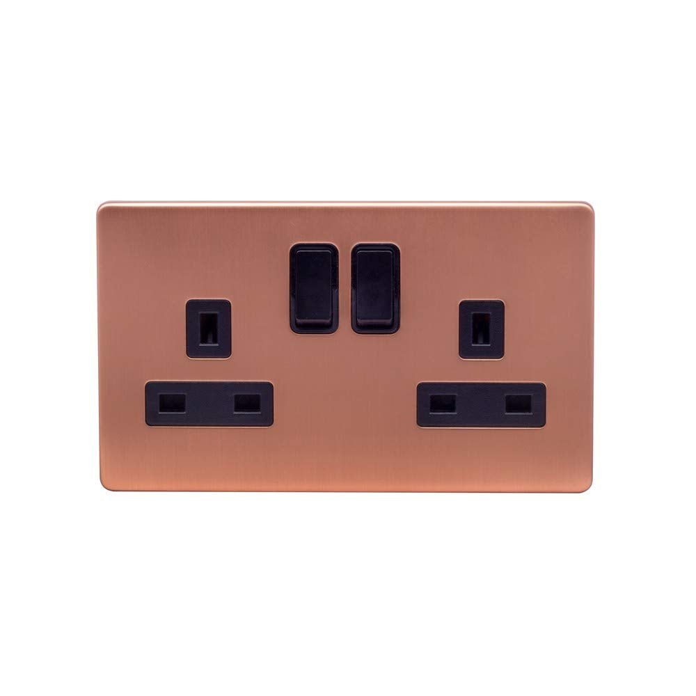 Lieber Brushed Copper 13A 2 Gang Switched Double Plug Socket, Double Pole with Black Insert | Stylishly Screwless, Safe Socket, Ideal for Home Domestic Improvements, Kitchen Renovations.