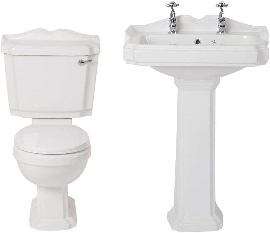 Milano Windsor - Traditional White Ceramic Close Coupled Toilet WC and Full Pedestal Bathroom Basin Sink - 2 Tap Hole.