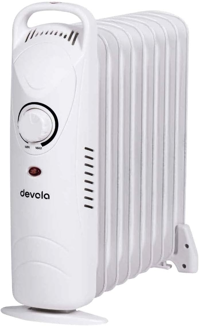 Devola 600W 7 Fin Mini Oil Filled Radiator, Free Standing Low Energy Electric Heater with Thermal Fuse for Overheat Cut Off, IP20, Power Indicator Light, Adjustable Heating Dial - DVMOR7F06B (Black).