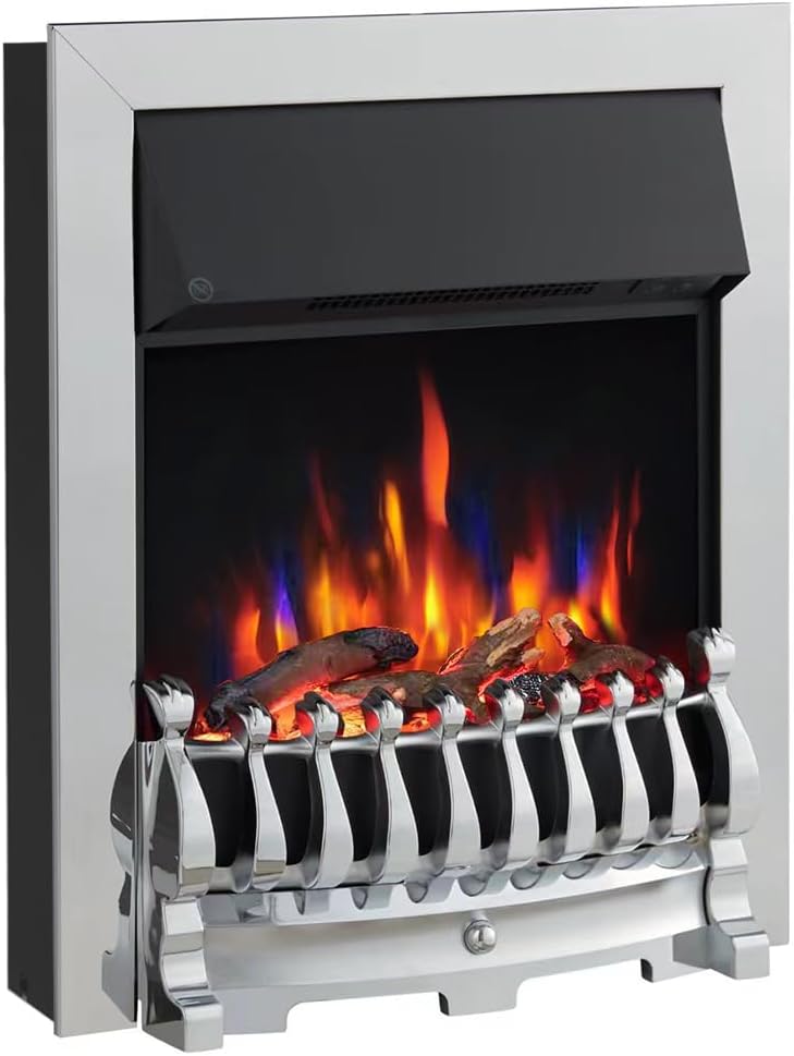 FLAMEKO Verona 16’’ Fireplace Insert, 2000W Heater, Chrome Trim with Spacer, Blenheim Fret, 9 Colour Flame Effect, Remote Control.