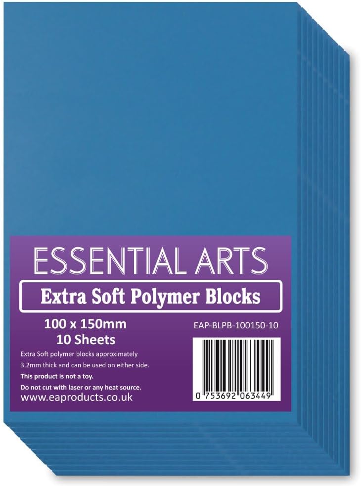 Extra Soft 100 x 150mm Double Sided Blue Polymer Blocks Pack of 10 – 3.2mm Super Soft Printing Sheets for Easy Lino Carving Art and Craft – by Essential Arts.