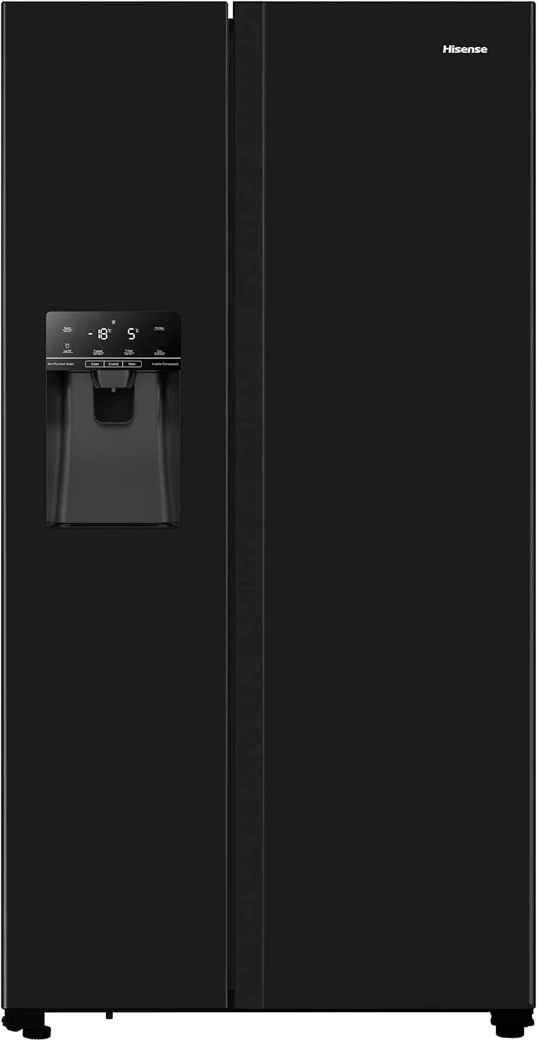 Hisense RS694N4IBF Freestanding Side-by-Side Door American Fridge Freezer 562L 91 x 178.6 x 74.3 cm (W x H x D), Black, Varnished Door.