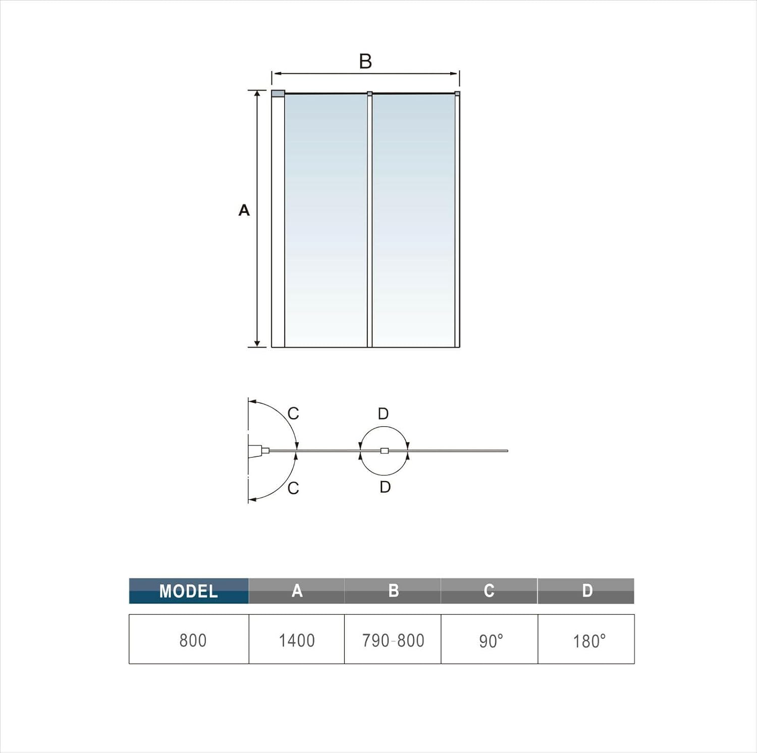 800x1400mm Pivot Shower Bath Screen 2 Fold Folding Bath Shower Screen.