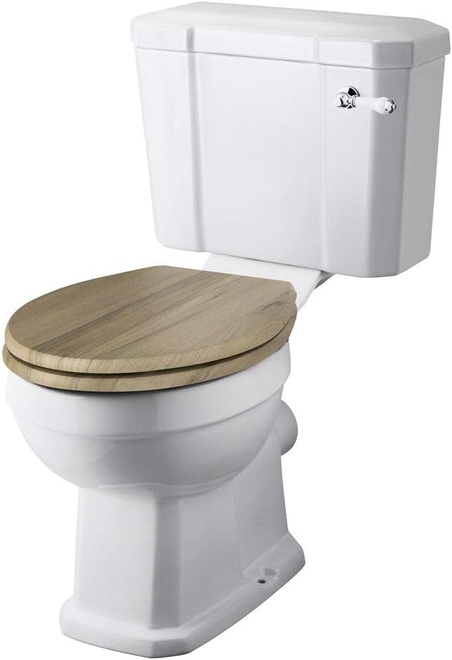 Milano Richmond - Traditional White Ceramic Close Coupled Toilet WC Pan and Warm Oak Effect Wooden Seat.