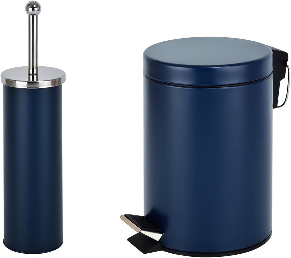 iTrend 3L Pedal Dustbin and Toilet Brush with Holder set - Bathroom Accessory - Powder Coated Steel Bin with lid - Toilet Brush with Stainless Steel Handle, Round Lid and Dense Bristles - Blue.