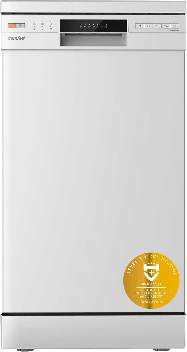 COMFEE' Freestanding Dishwasher CDWPF1201PW-UK 60cm Width, Full Size Dishwasher with 12 place settings, Quick Wash, Hygiene Wash, Delay Start, Half Load - White.