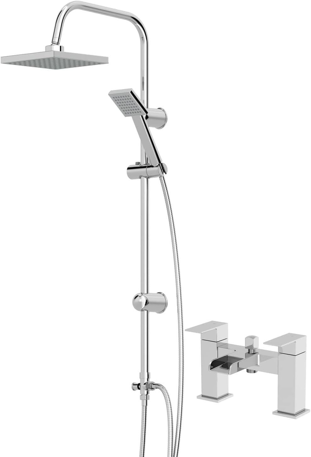 Architeckt® Square Waterfall Bath Shower System Mixer Shower Tap with Modern Square Riser Rail Kit Dual Rainfall Shower Heads Handset.