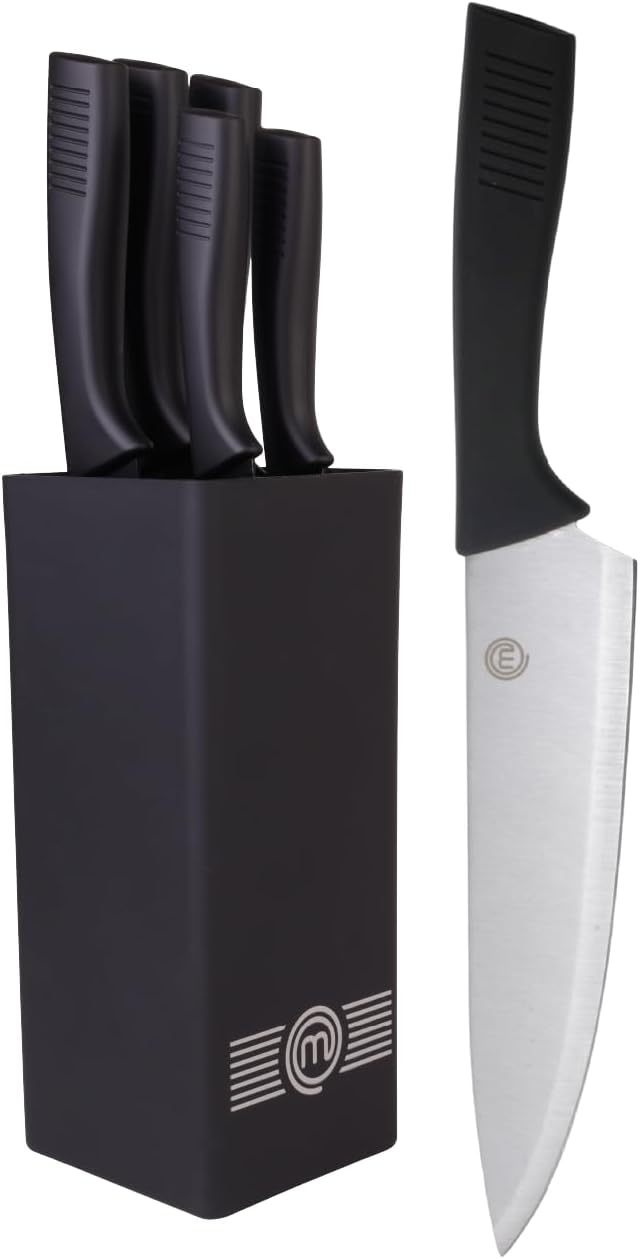 MasterChef Knife Set with Block, 5 Kitchen Knives with Sharp Stainless Steel Blades (Chef, Paring, Utility, Carving, Bread) Soft Touch Easy Grip Handles & Universal Knife Holder, Essential Black.