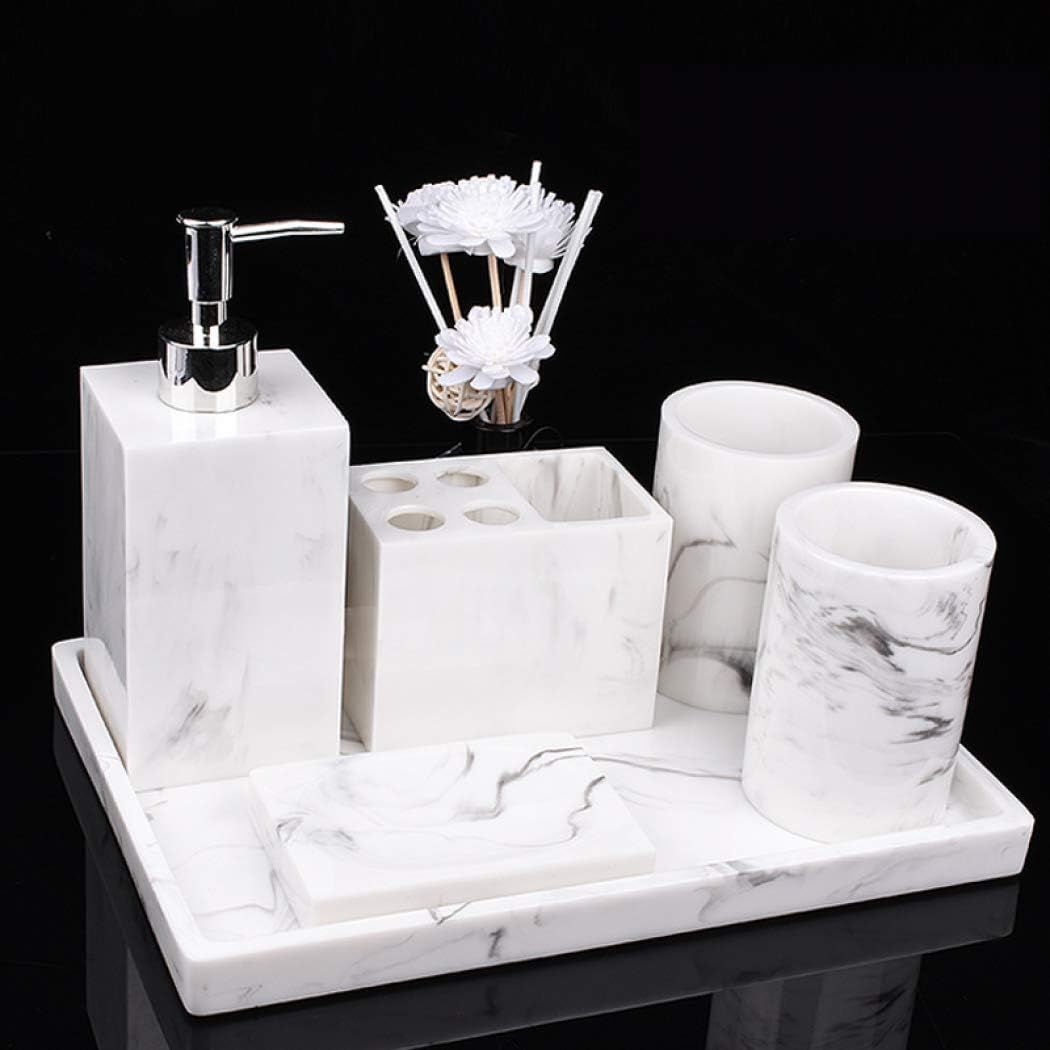 Bathroom Accessory Sets White Marble Pattern Bathroom Set 6 Pcs/Set Luxury Bath Accessories Set Lotion Dispenser, Toothbrush Holder, Cups, Soap Dish, Chassis.