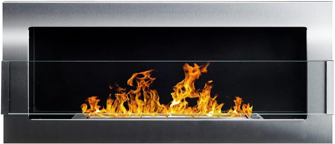 Bio Ethanol Fire BioFire Fireplace Modern 900 x 400 Stainless steel with glass Wall - Mounted Alcohol Fireplace.