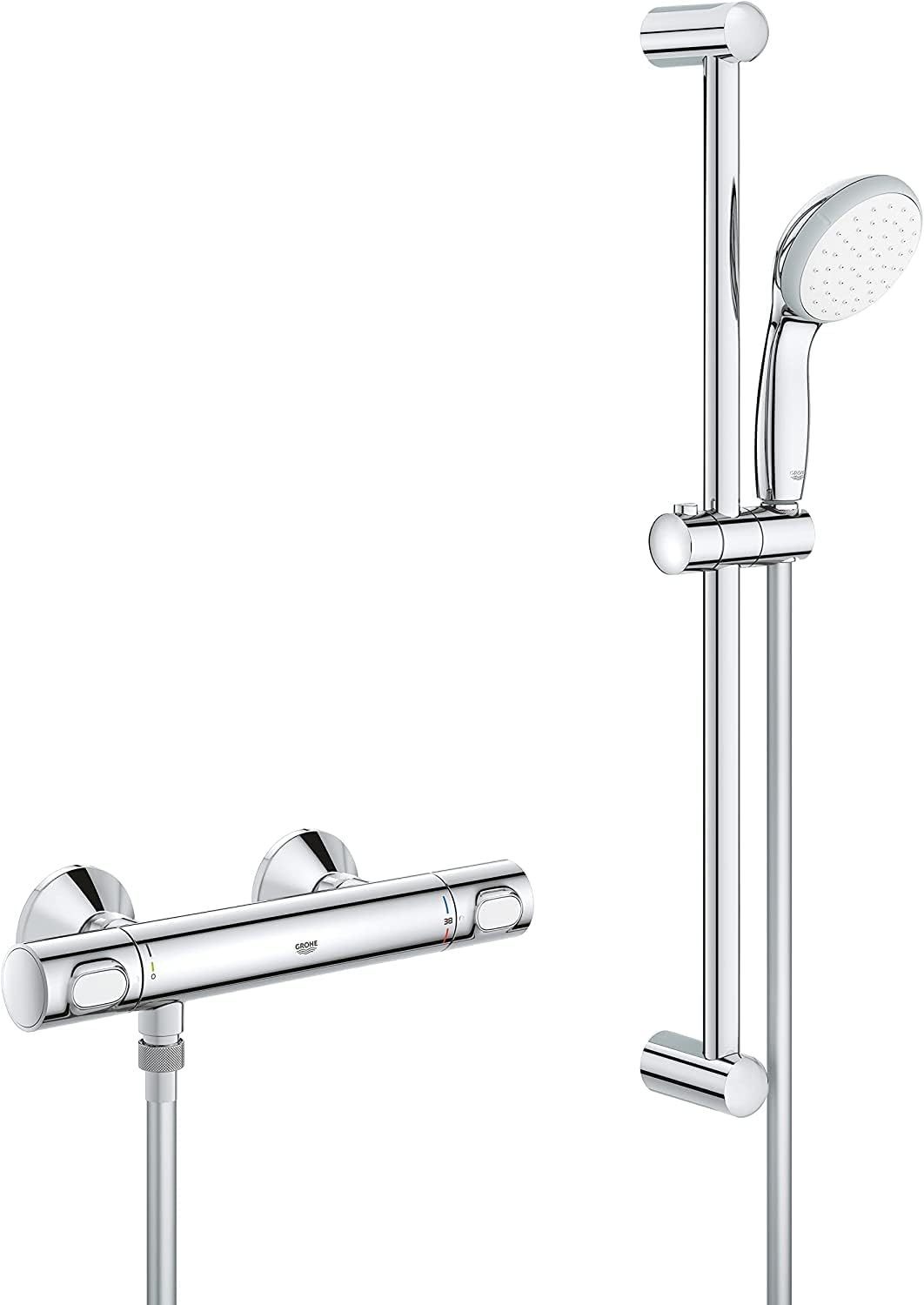 GROHE Precision Flow - Wall Mounted Thermostatic Mixer Shower Set (1-Spray Hand Shower 10cm, Shower Rail 60cm, Shower Hose 1.75 m, Temperature Safety Button, Water Saving Button), Chrome, 34841000.