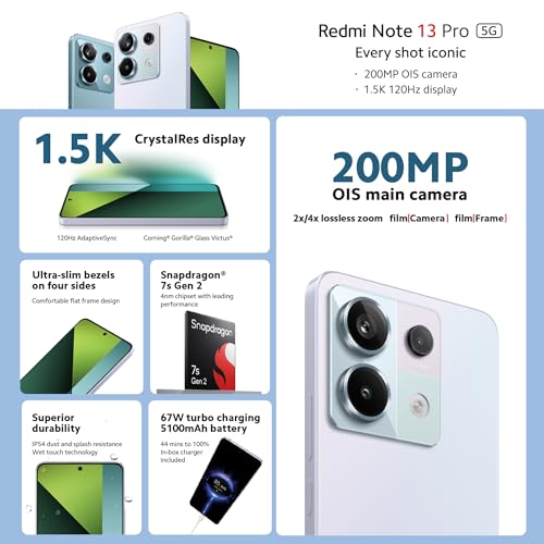 Xiaomi Redmi Note 13 Pro 5G Ocean Teal - Smartphone 8+256GB, Snapdragon 4nm processor, 200MP camera, 120Hz AMOLED display, 67W, 5100mAh, 3D curved display, (UK Version + 2-year Warranty).