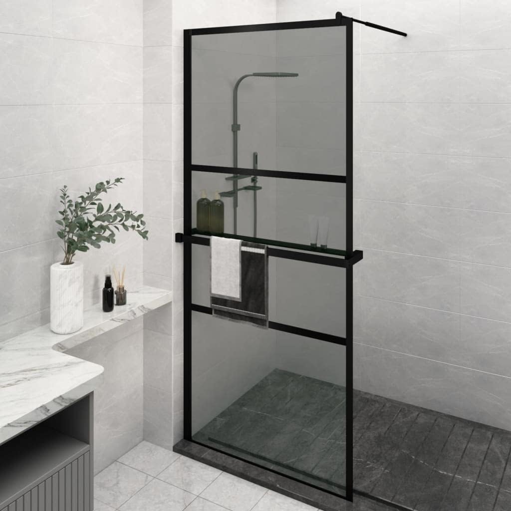 qohoio Walk-in Shower Wall with Shelf Black 100x195 cm ESG Glass&Aluminium,Over Bath Shower Screen Door Framed Toughened Safety Clear Glass Panel Bathroom Bath Screens.