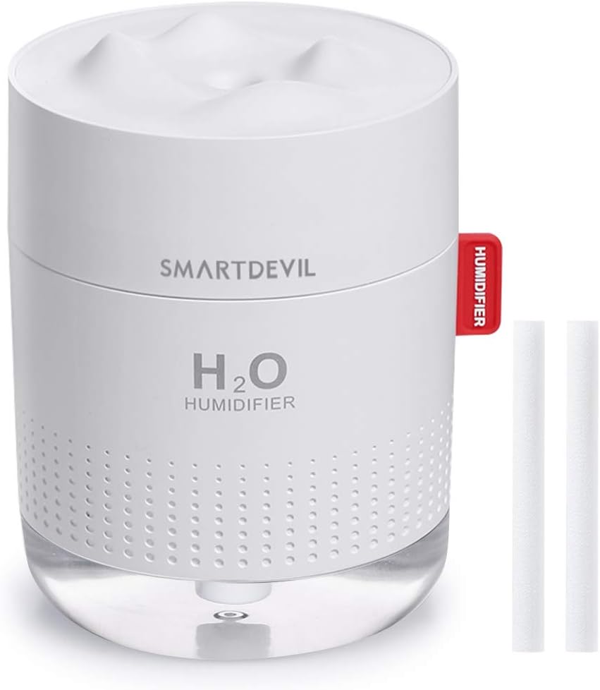 SmartDevil Humidifiers 500ml Cool Mist Humidifier Air Humidifier Whisper Quiet USB Humidifier with Night Light, Waterless Auto Shut-Off, for Home Baby Bedroom, Yoga, Office, Travel, 2 Filters.