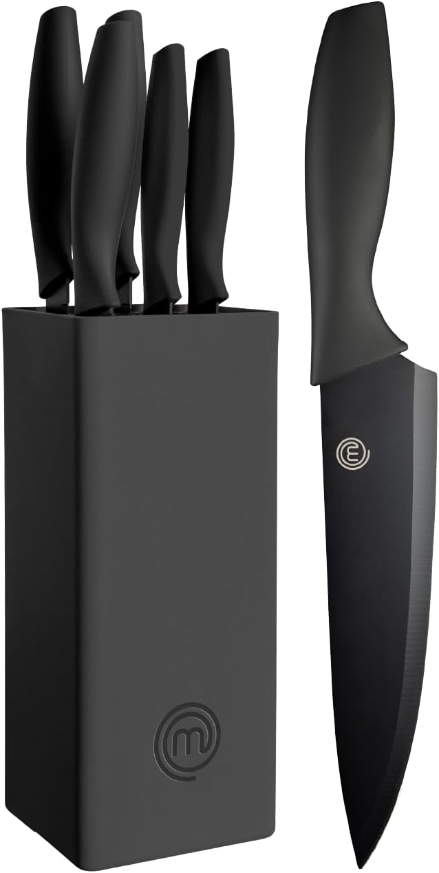 MasterChef Knife Set with Block, 5 Kitchen Knives with Sharp Stainless Steel Blades (Chef, Paring, Utility, Carving, Bread) Soft Touch Easy Grip Handles & Universal Knife Holder, Essential Black.