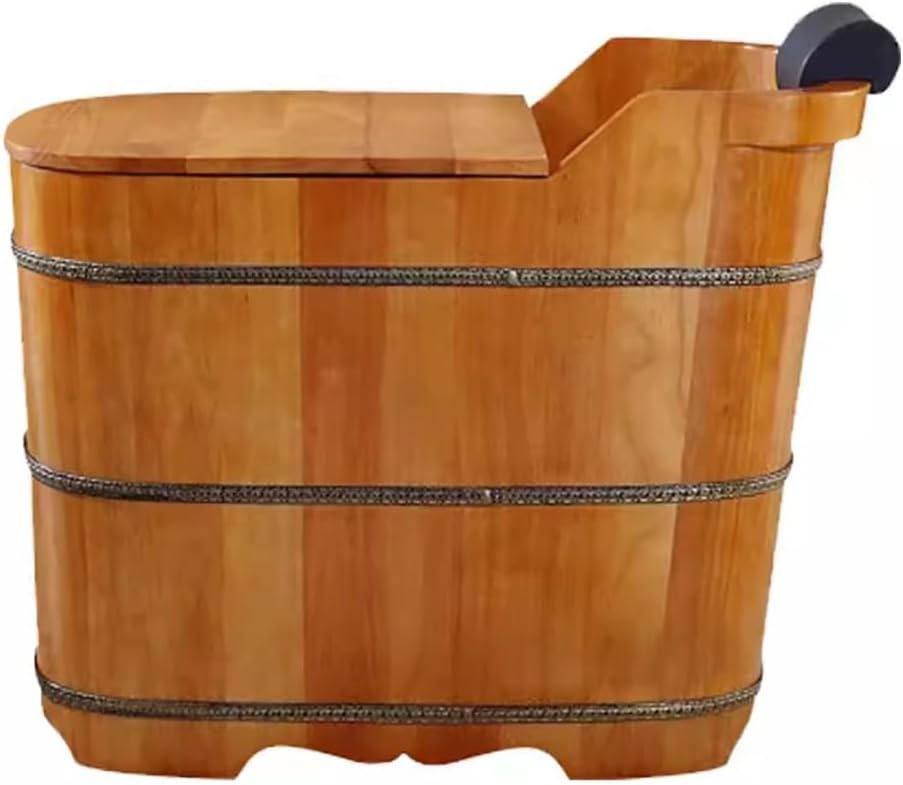 MegLob Free-Standing Wooden Bathtub Kit, Solid Wood Alone Stand Bathtub with Pop-Up Drain, Traditional Japanese SPA Deep Soaking Bath, with Insulated Wooden Lid & Tub Chair,Oak 80cm/31.50".