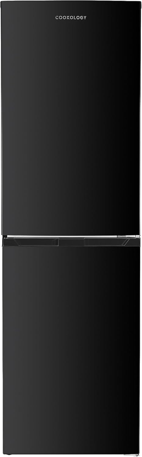 Cookology CFF2475050BK Frostfree 244L Freestanding 50/50 Fridge Freezer, Adjustable Temperature Control and Legs, Reversible Doors, Efficient LED Light, 4 Star Freezer Rating - in Black.